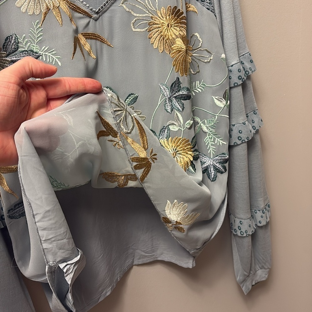 NWOT Anthropologie Tiny France’s Long Sleeve Ruffle Top in Blue Motif Various Sz - Picture 8 of 10